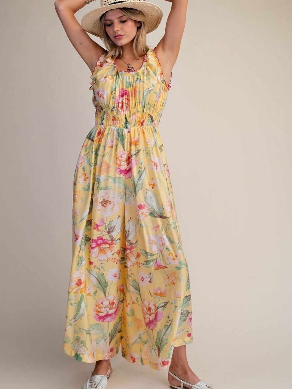 easel Yellow Floral Maxi Dress with Smocked Bodice